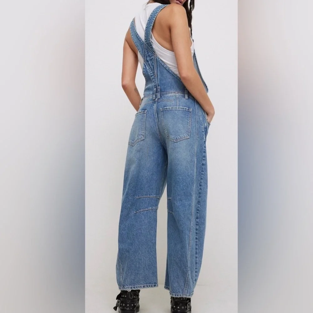 We The Free Good Luck Denim Square Neck Barrel Leg Overalls, SIZE MEDIUM - Picture 2 of 10